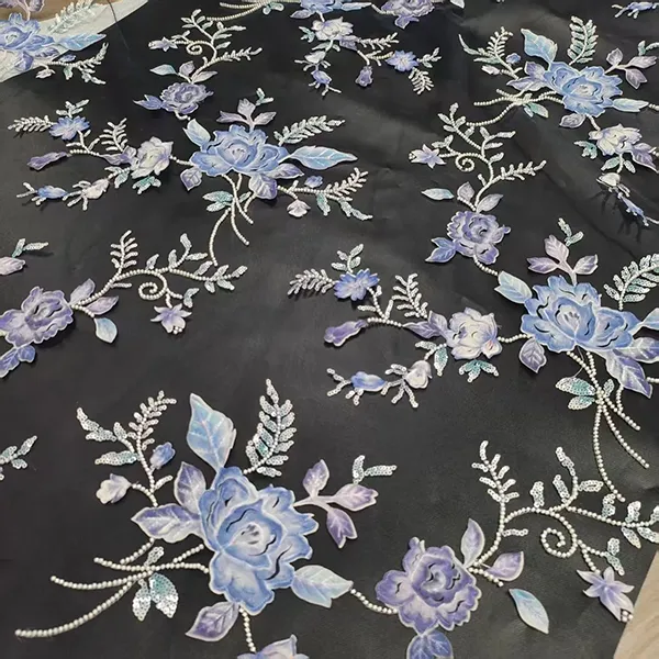 3D Nakış Çiçək Aplikası Muncuqlar və Sequins Naxışlı Krujeva Parça