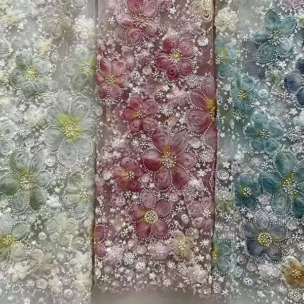 3d Ribbon Flower Embroidery Net Fabric with Sequins and Beads
