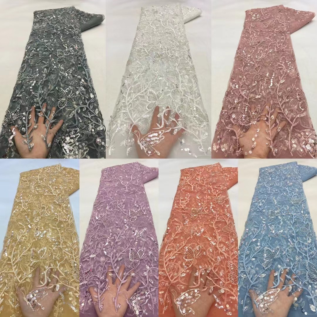 Handmade 2022 Colorful Wedding Lace Fabric 3d butterfly Beaded Embroidered by Yards