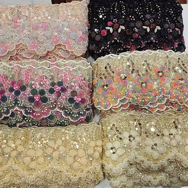 Çoxrəngli Naxışlı Krujeva 3D Mesh Çiçəkli Lent Muncuqlu Boru Barkod Naxışlı Krujeva